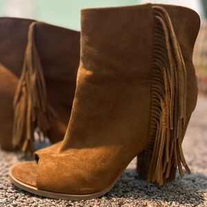 Brown Fringe Suede Open Toe Ankle shoes